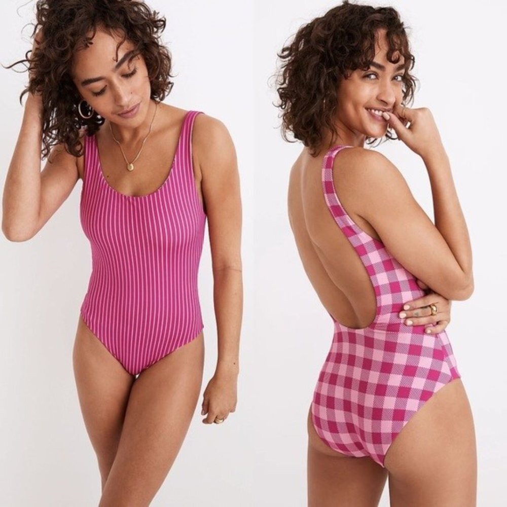 NWT Solid & Striped Swim Suit Reversible Bathing Suit Pink Madewell XS One Piece